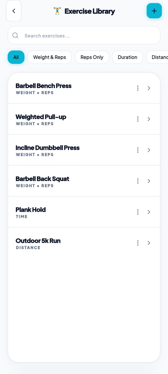 GymLogbook Pro exercise library with weight, reps, duration and distance filters
