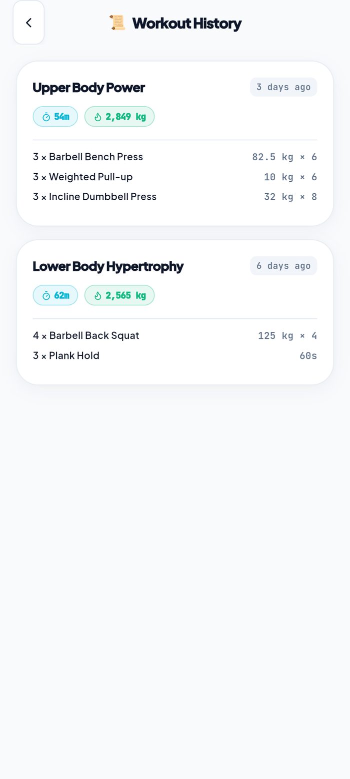 GymLogbook Pro workout history showing duration, volume and per exercise sets