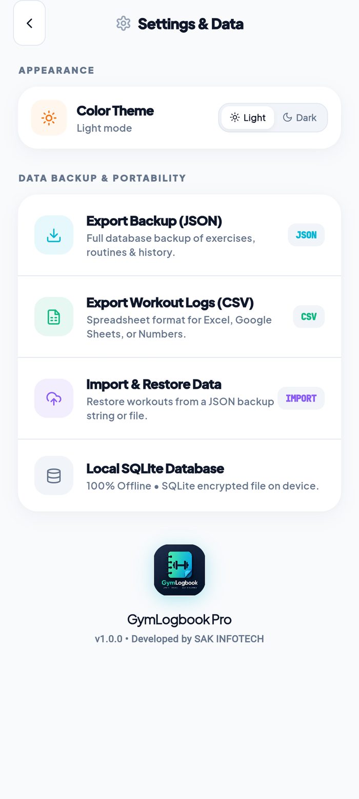 GymLogbook Pro settings showing JSON backup, CSV export, import and local SQLite storage