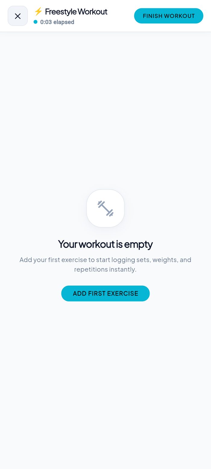 GymLogbook Pro live freestyle workout session with elapsed timer