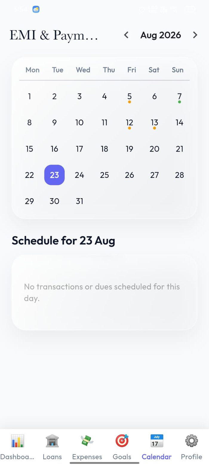 Money Flow EMI and payments calendar with due dates marked