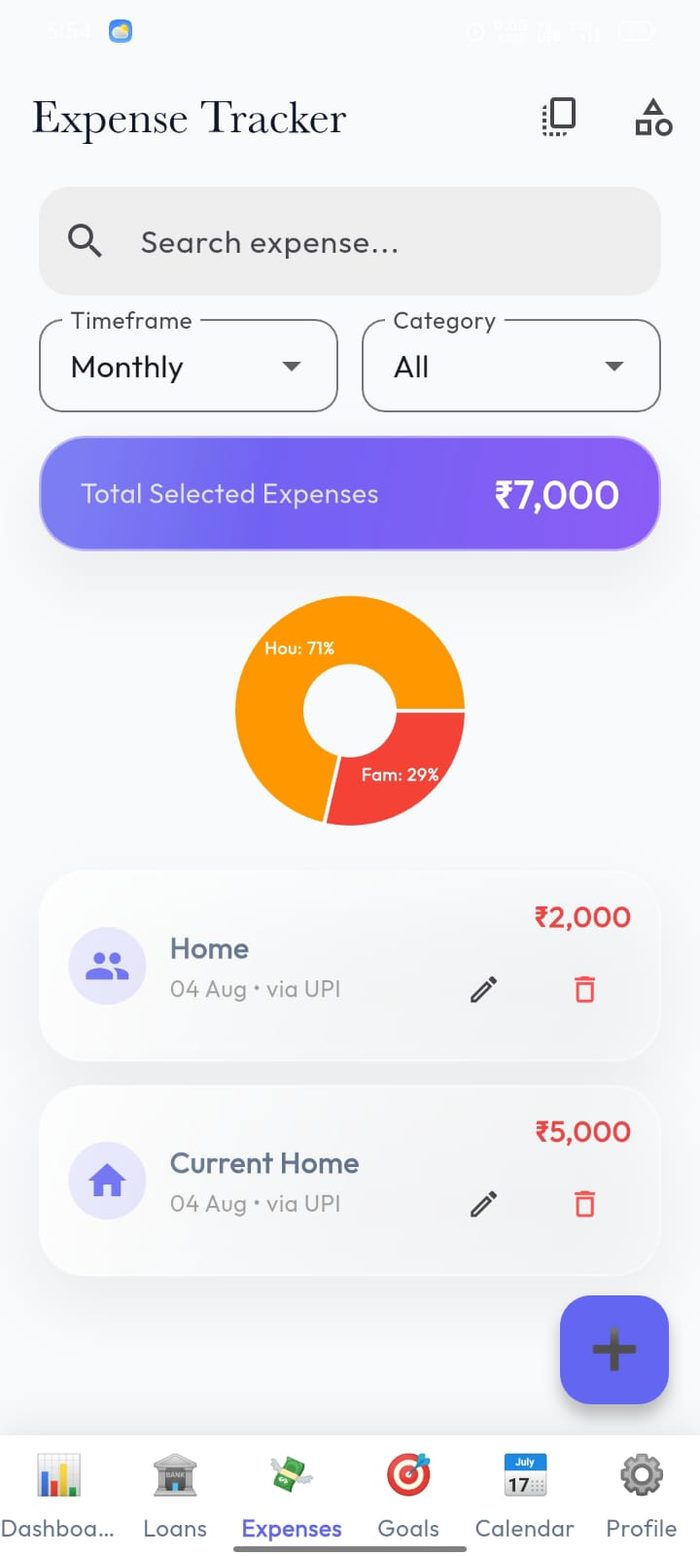 Money Flow expense tracker with category donut chart and transaction list