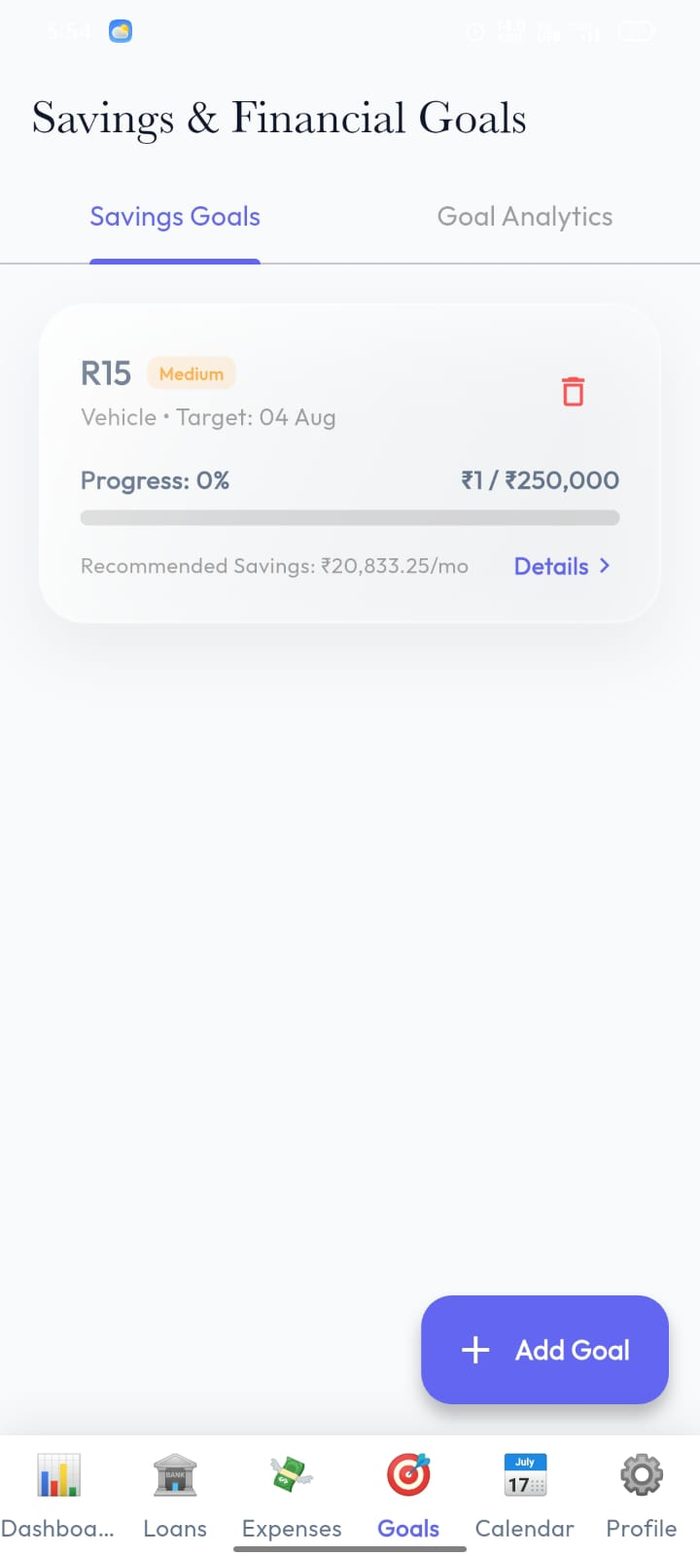 Money Flow savings goals with progress and recommended monthly savings