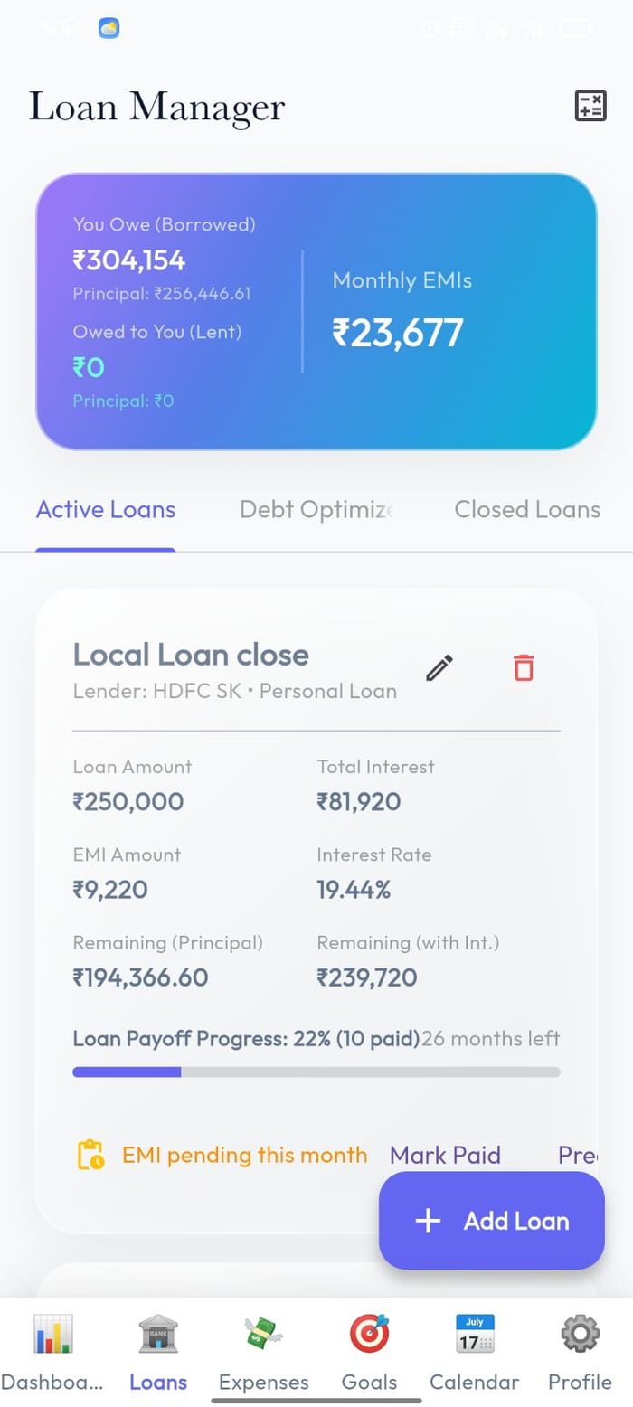 Money Flow loan manager showing total borrowed, monthly EMIs and payoff progress
