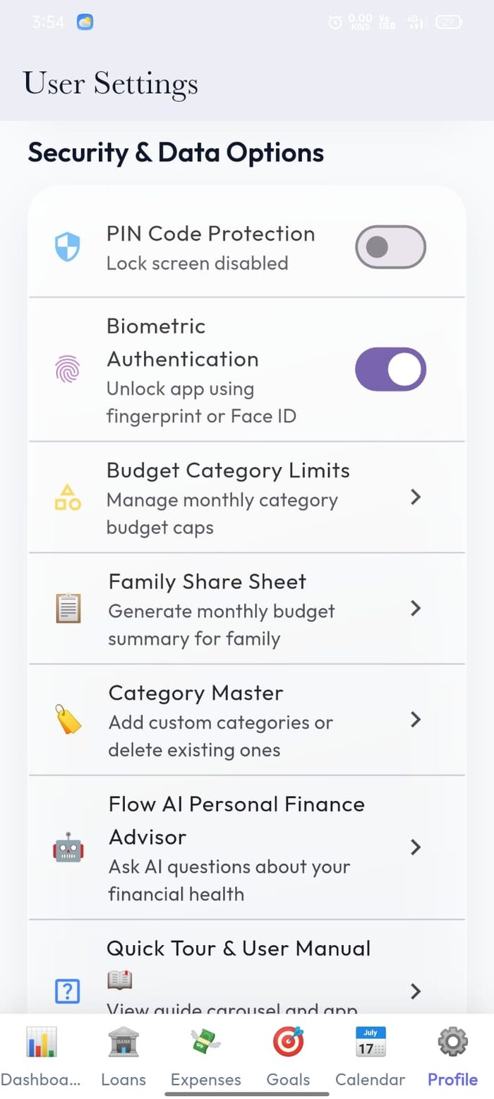 Money Flow security settings with PIN protection, biometric authentication and AI finance advisor