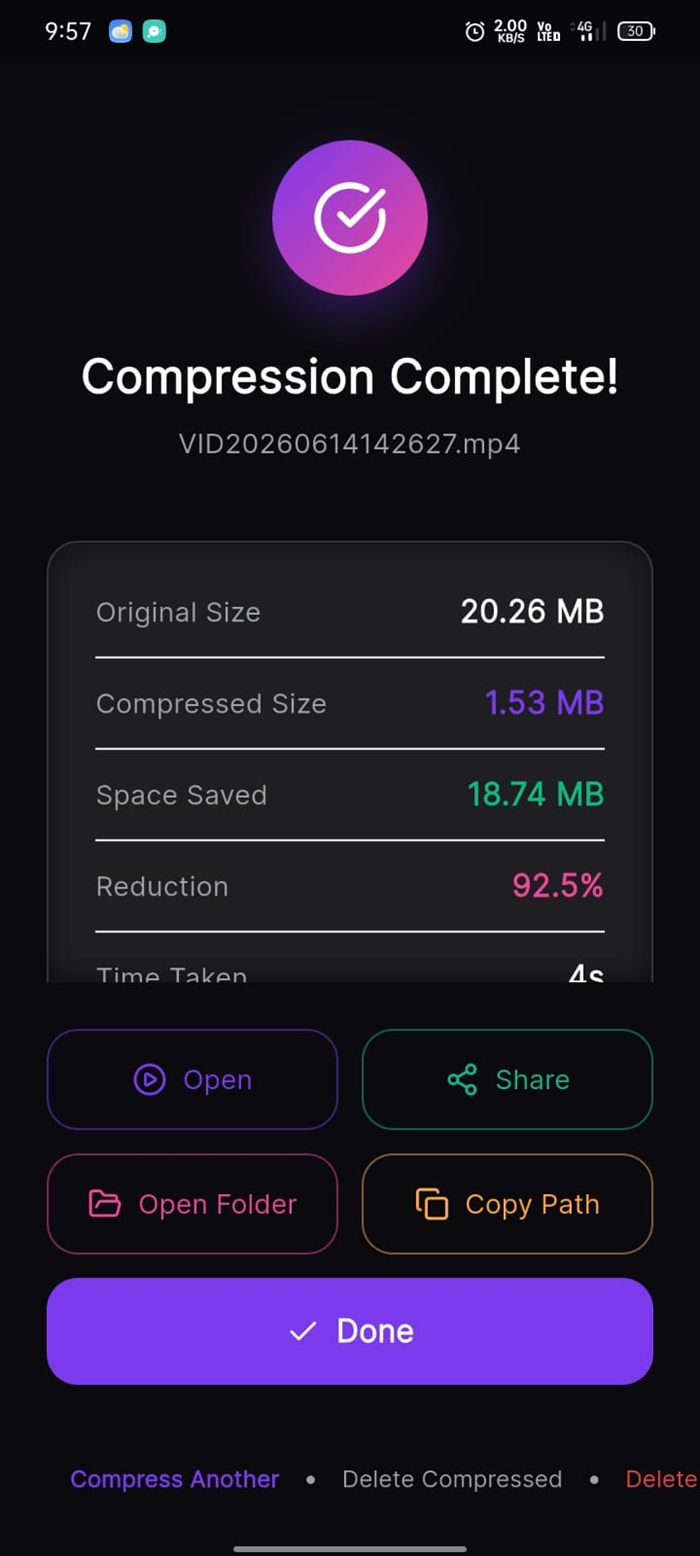 Pro Compressor results screen showing 92.5 percent size reduction
