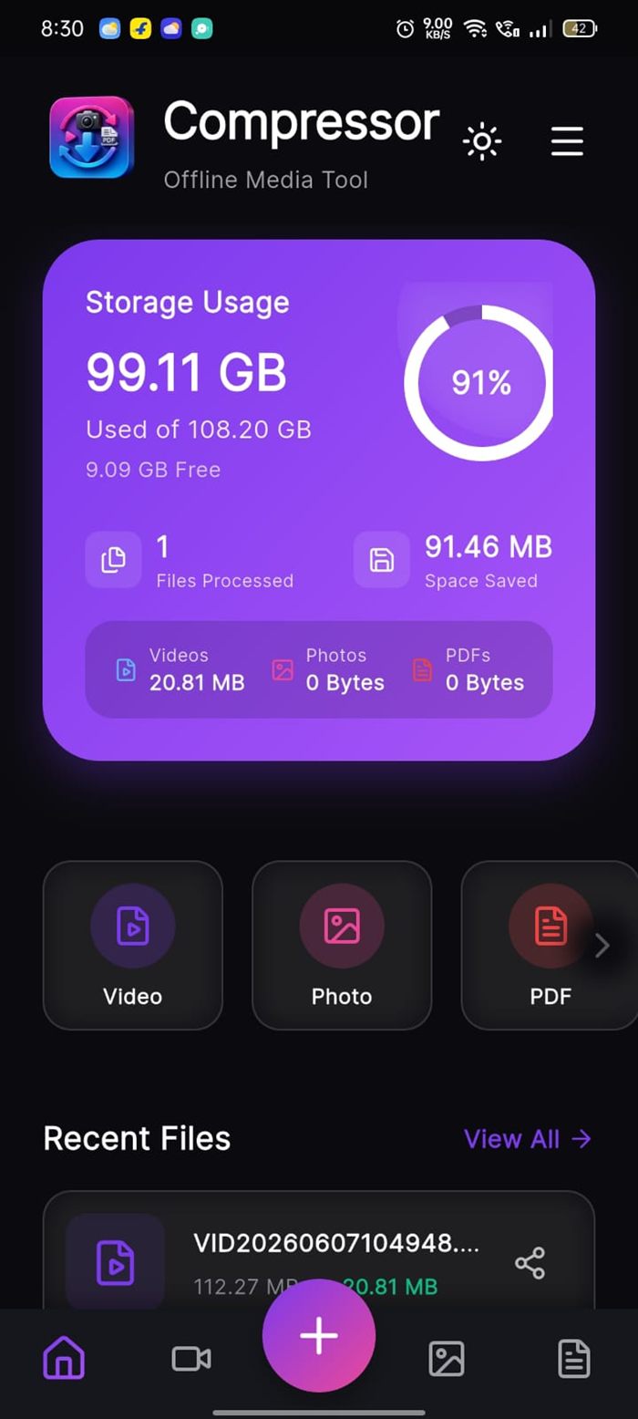 Pro Compressor home dashboard showing storage usage and space saved
