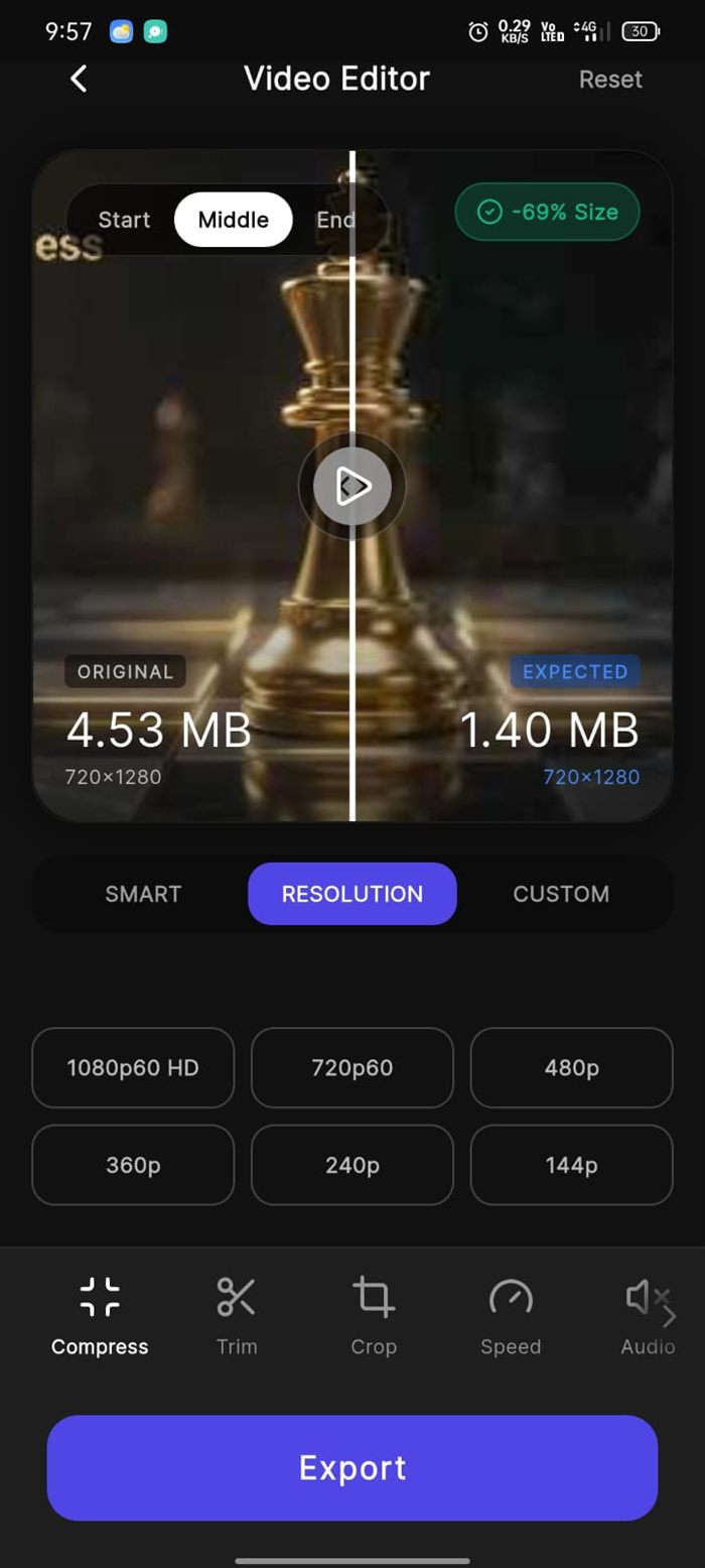 Pro Compressor video editor with before and after file size comparison