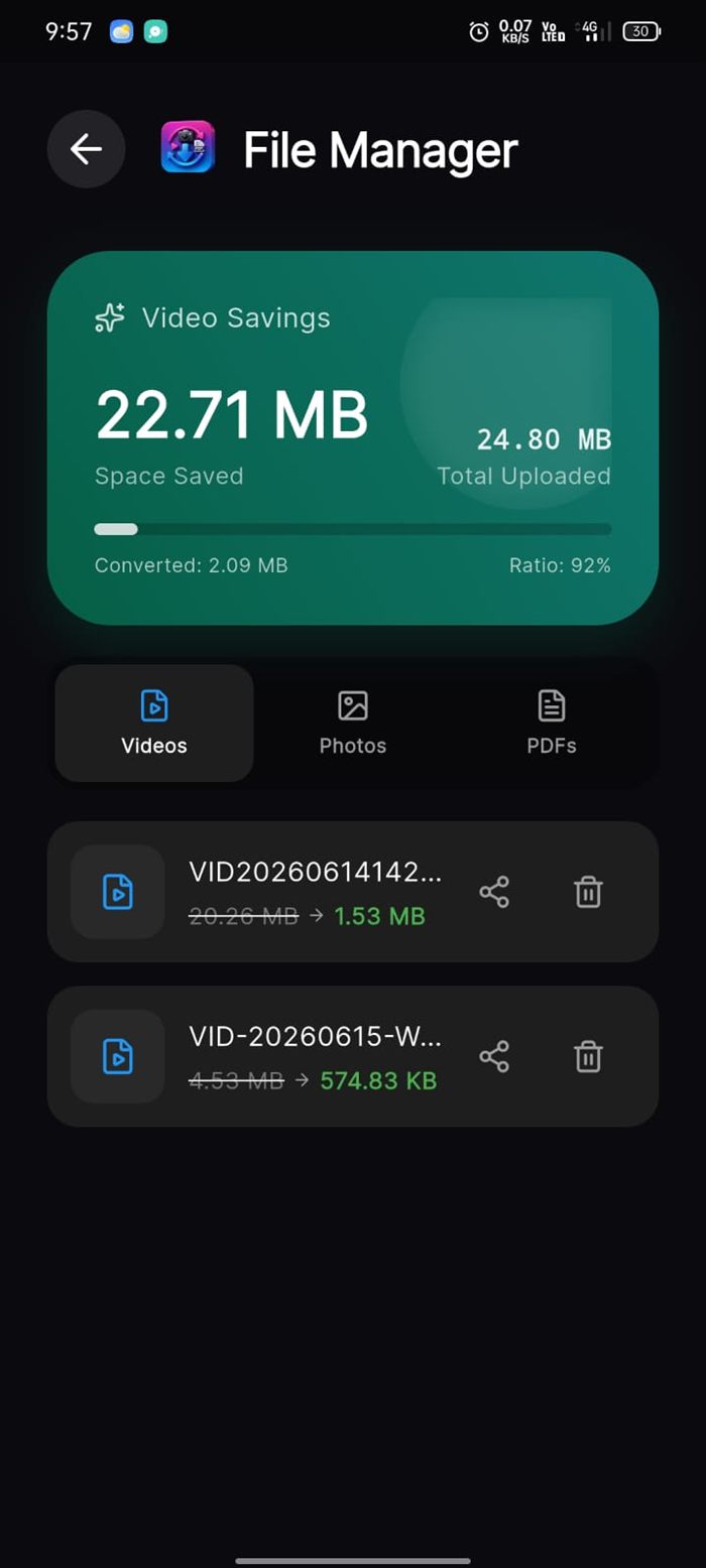Pro Compressor file manager showing 22.71 MB total space saved at a 92 percent ratio