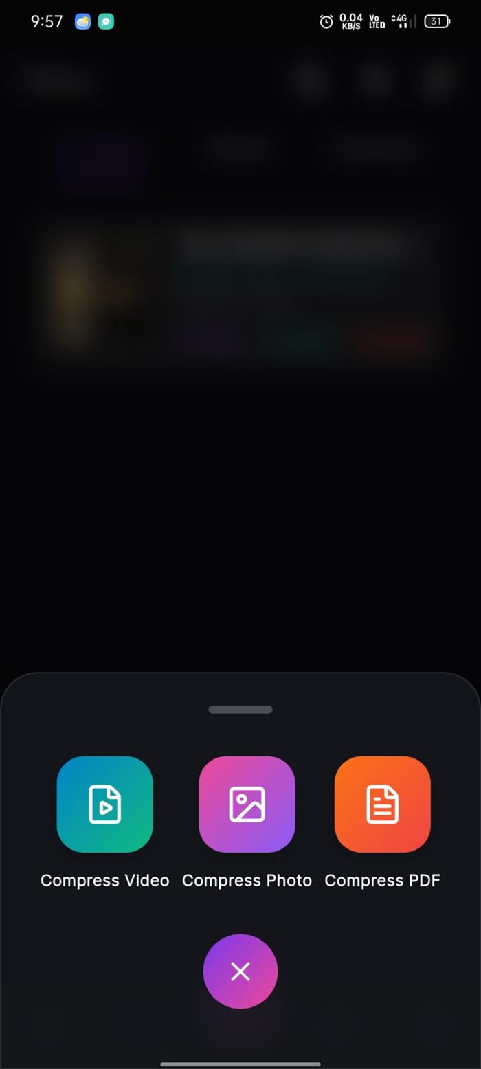 Pro Compressor file type picker for video, photo and PDF