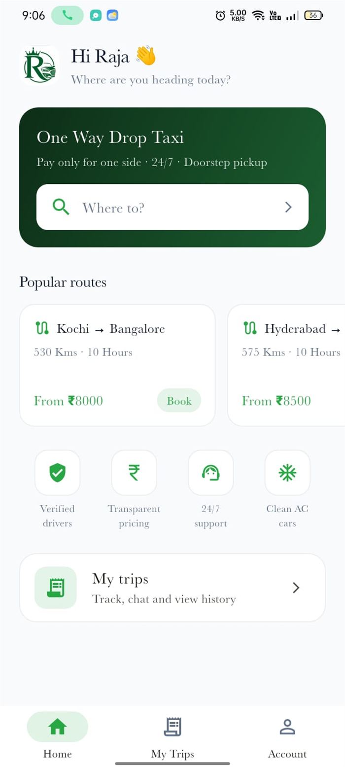 Raja Drop Taxi Flutter app — customer home screen with popular routes