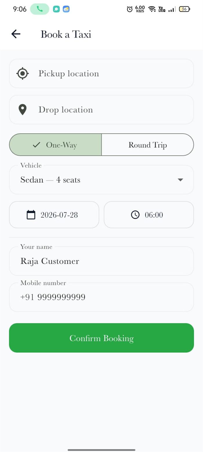 Raja Drop Taxi Flutter app — taxi booking screen
