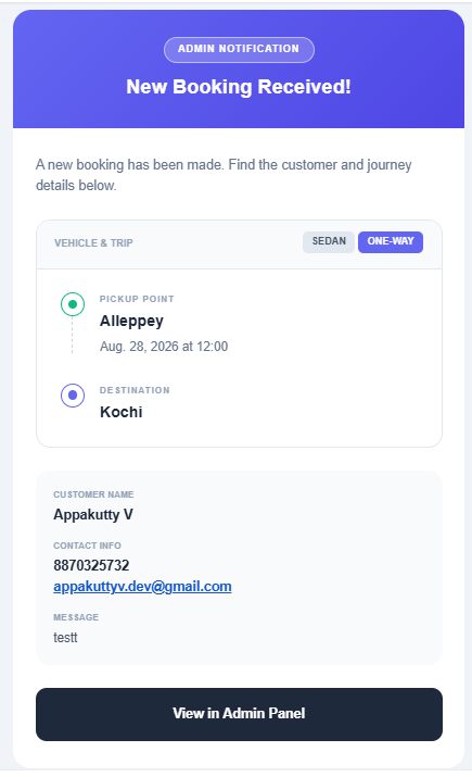 Instant new-booking alert email sent to the Raja Drop Taxi admin team