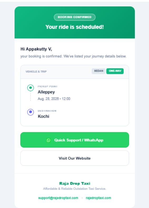 Branded booking confirmation email sent automatically to Raja Drop Taxi customers