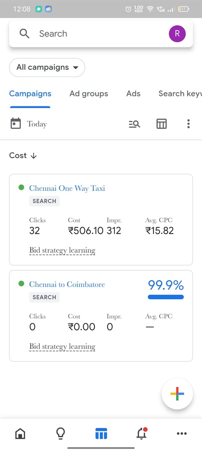 Raja Drop Taxi Google Ads search campaigns for Chennai routes