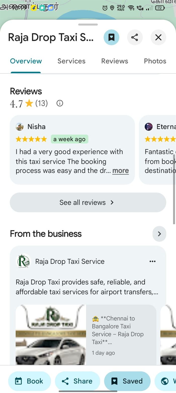 Raja Drop Taxi Google Business Profile with 4.7 star rating and customer reviews
