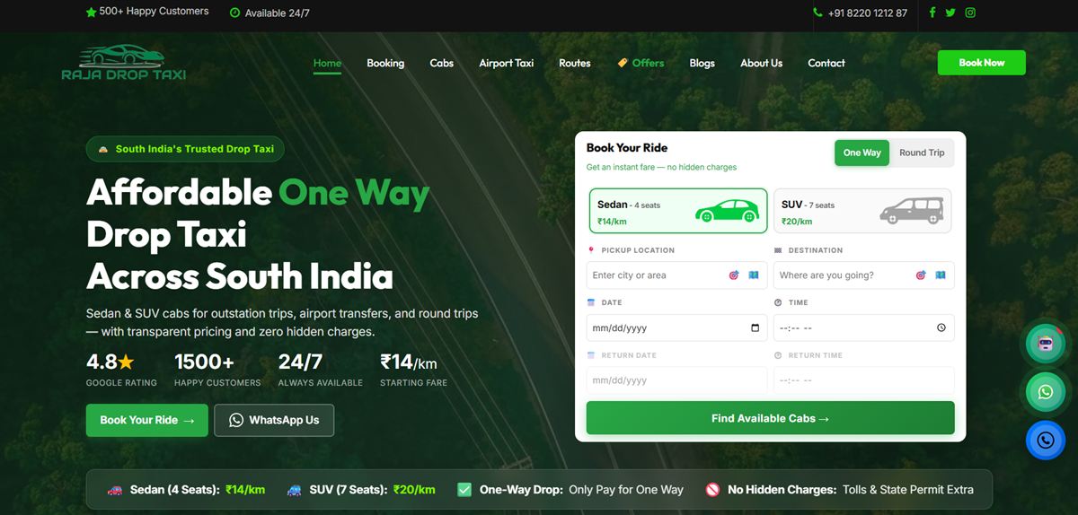 Raja Drop Taxi booking website homepage with live fare calculator