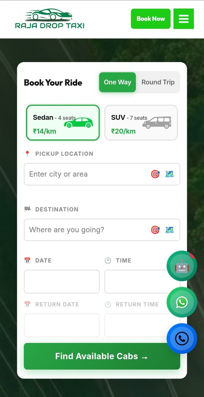 Raja Drop Taxi website on mobile — fully responsive booking form