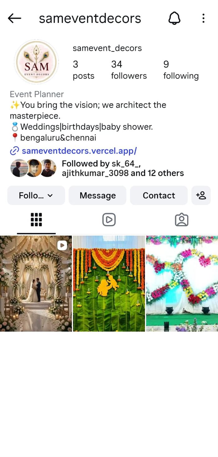 Sam Event Decors branded Instagram profile with decor posts