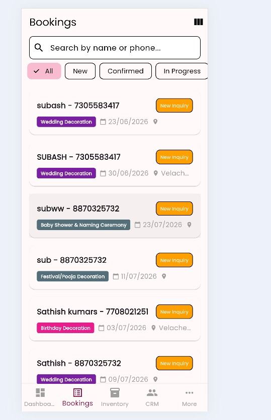 Sam Event Decors internal Flutter app — bookings list filtered by status