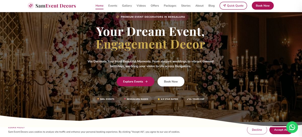 Sam Event Decors website homepage with wedding decor hero