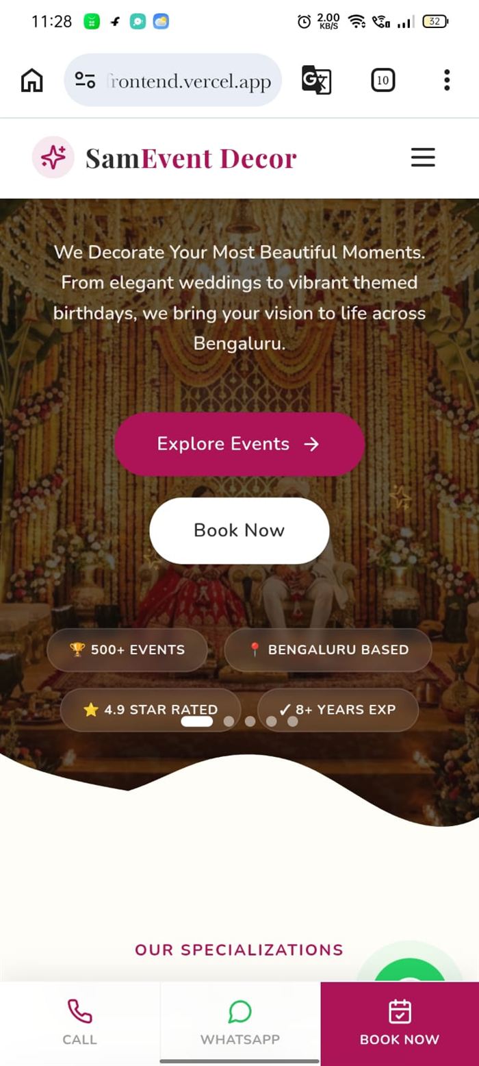 Sam Event Decors website on mobile with call, WhatsApp and book-now bar